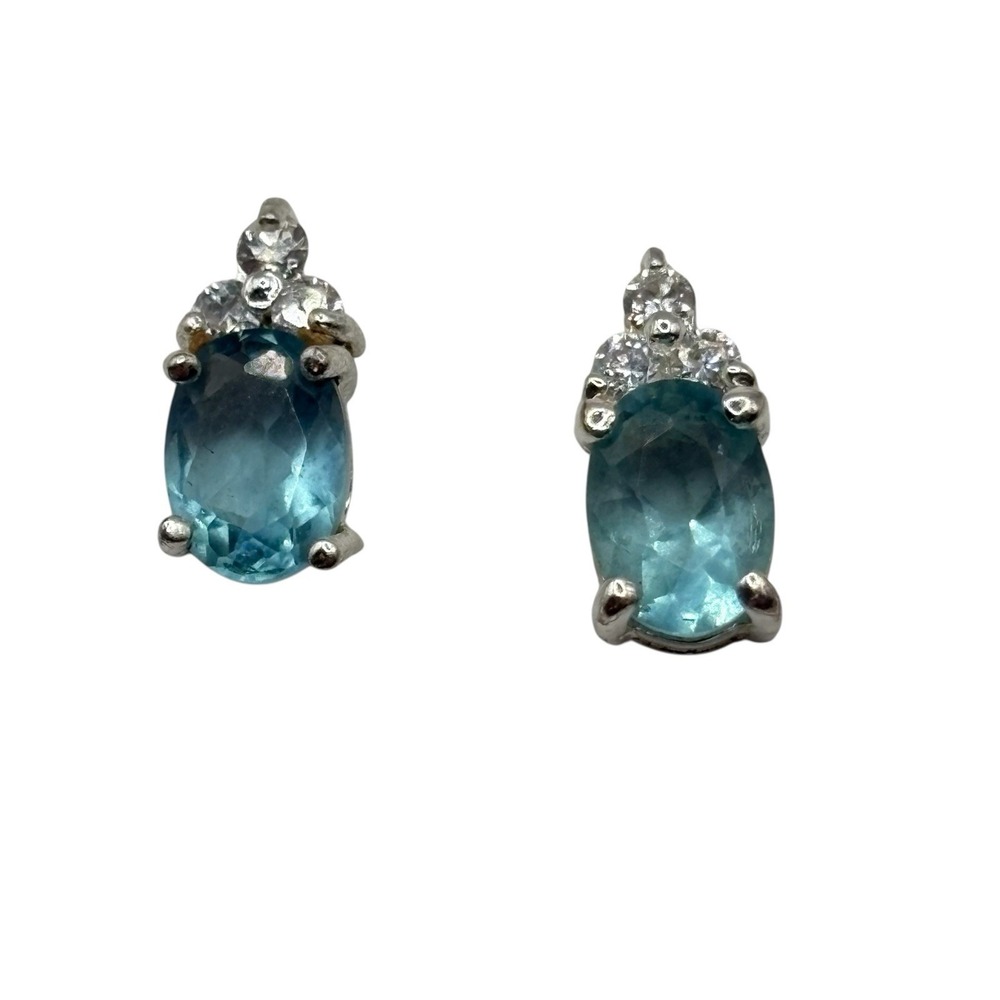 Stimulated Aquamarine Stud Earrings‎ Sterling Sliver 925 CZ Accents Post by FAS